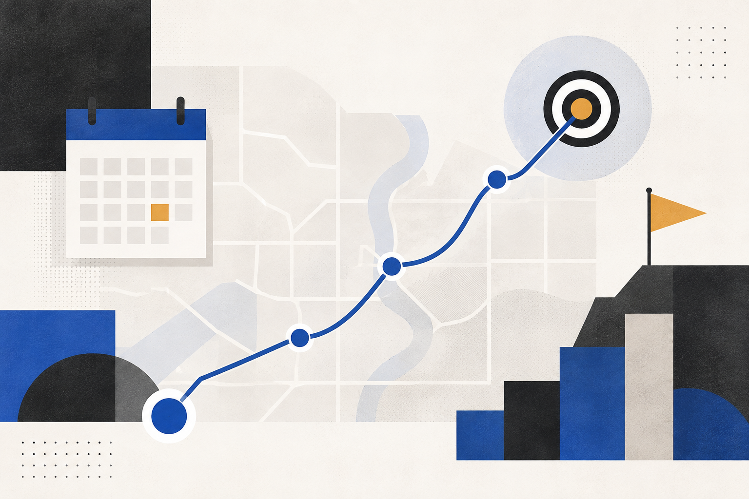 Flat 2D illustration of a route map, milestones, calendar, target, and planning bars
